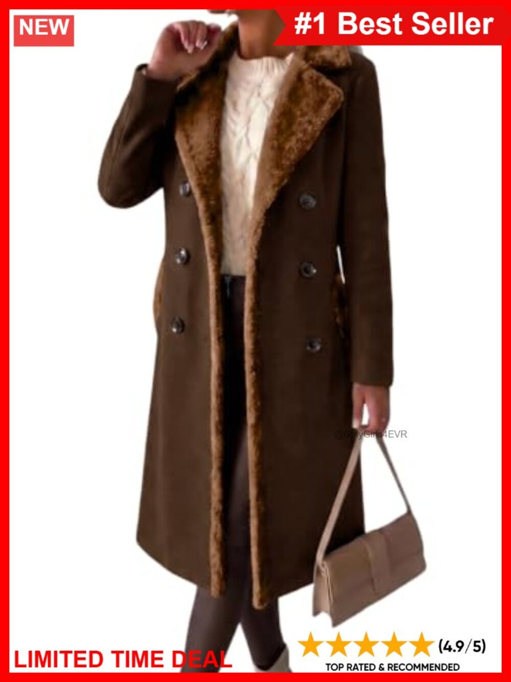 Wool Blend Long Double Breasted Peacoat with Faux Fur Collar